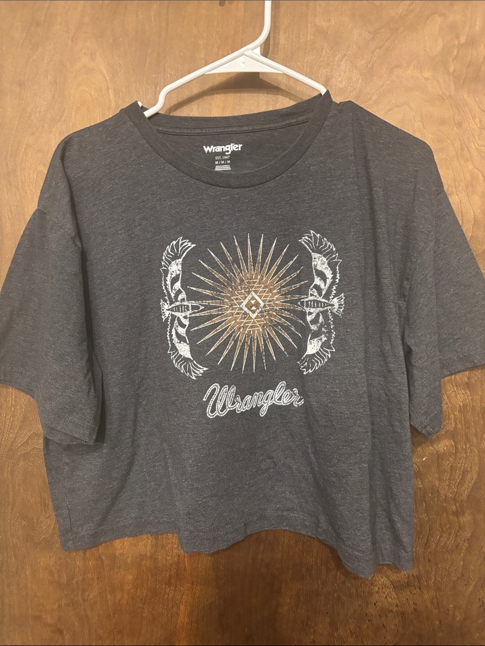 Wrangler Charcoal Cropped Tee with Metallic Gold Sunburst